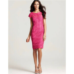 Monique Lhuillier Cocktail Sheath Dress pink floral lace cut out open 12 Barbie